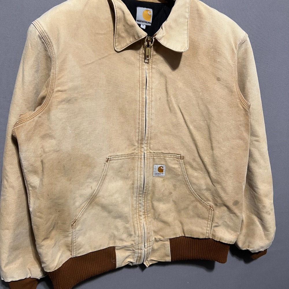 Vintage 90s Carhartt Jacket Sun Faded‎ Made in USA Duck Canvas Tan Mens Medium - Picture 2 of 6